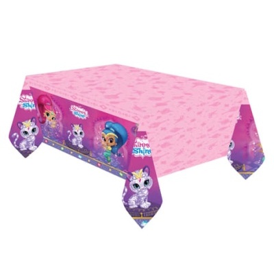 Toalha de mesa rosa e roxa com personagens 'Shimmer and Shine' e gato com chifres dourados.