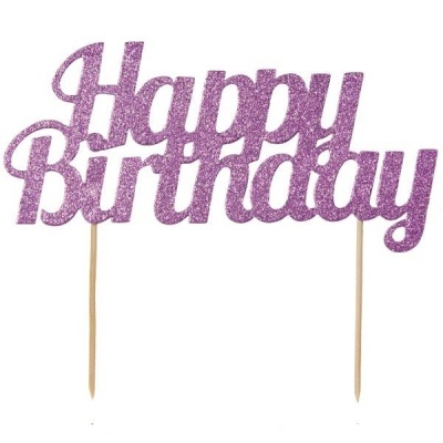 Decoração de bolo glitter roxo com texto Happy Birthday