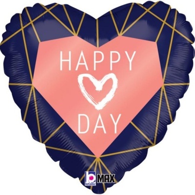 Balão metálico em forma de coração com padrão azul, rosa e dourado e texto Happy Day