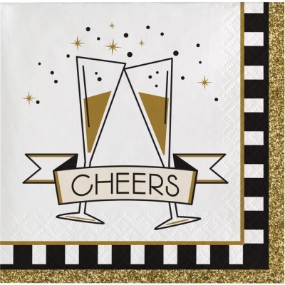 Guardanapo de papel branco com copos de champanhe e texto CHEERS