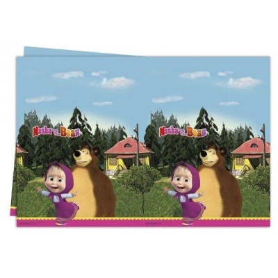 Toalha de mesa infantil com desenho de Masha e o Urso, fundo azul céu, personagens e casas coloridas.