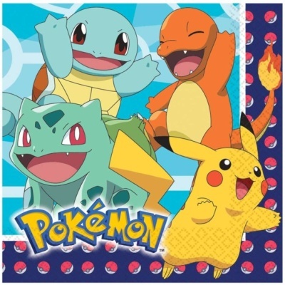 Ilustração colorida de quatro Pokémon populares com o texto POKÉMON