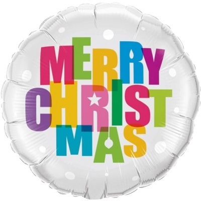 Balão redondo branco com texto colorido 'MERRY CHRISTMAS'