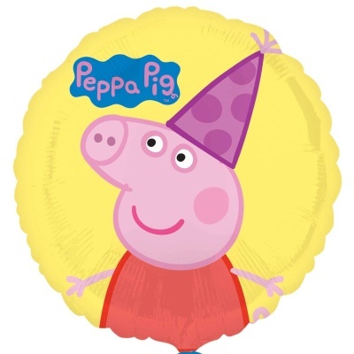 Balão amarelo com personagem Peppa Pig e texto