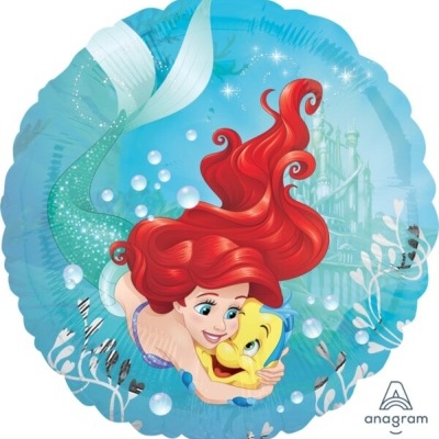 Balão redondo azul com a Pequena Sereia Ariel e o peixe Flounder