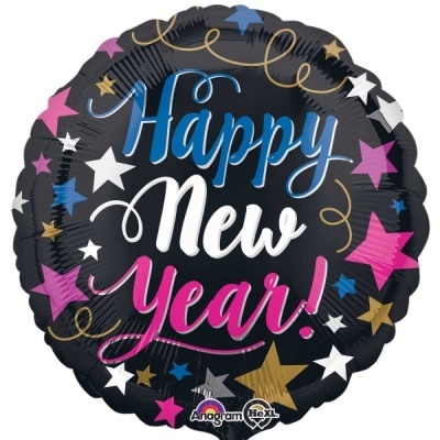 Balão redondo preto com texto 'Happy New Year!' e estrelas coloridas.