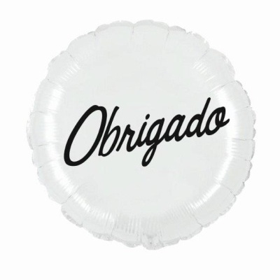 Balão redondo branco com texto 'Obrigado' em preto