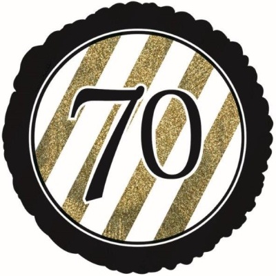 Balão decorativo redondo preto e branco com número 70 dourado