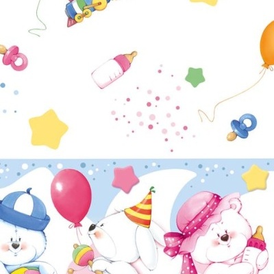 Desenho infantil com ursinho azul, coelho branco, urso cor-de-rosa, bolas, balões e estrelas coloridas.