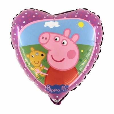 Balão de mylar em forma de coração com Peppa Pig e ursinho