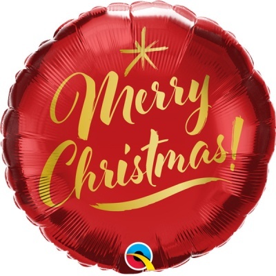 Balão redondo vermelho com texto dourado 'Merry Christmas!'