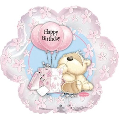 Balão decorativo em forma de flor com urso e balões rosas com mensagem de aniversário
