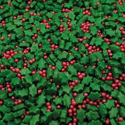 Enfeites de açúcar verdes e vermelhos para decoração de bolos