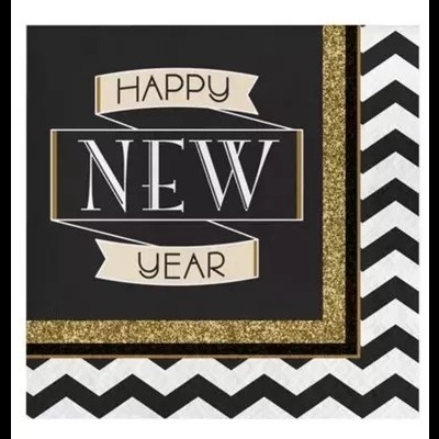 Guardanapo decorativo com texto 'HAPPY NEW YEAR' em padrão preto, branco e dourado
