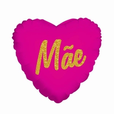 Balão rosa em forma de coração com texto dourado Mãe