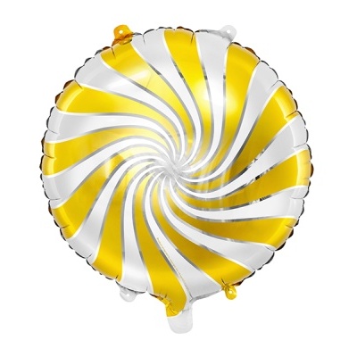 Balão metálico redondo com padrão espiral amarelo e branco em fundo branco