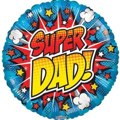 Balão redondo azul com texto 'SUPER DAD!' em estilo cartoon