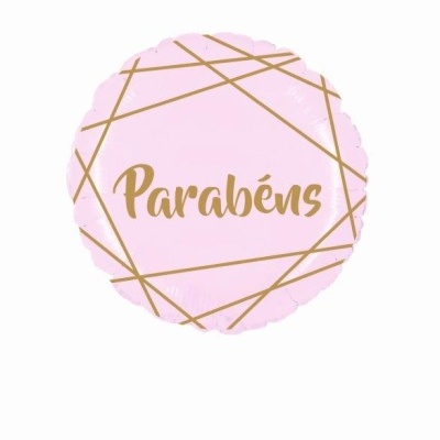 Balão rosa com linhas douradas e texto Parabéns