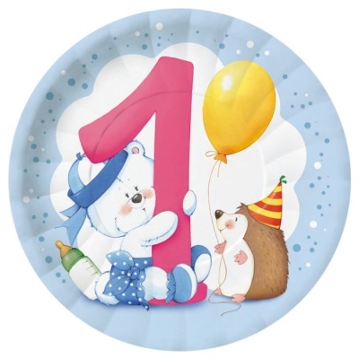 Prato azul claro com desenho de urso, porco-espinho, balão amarelo e número 1 cor-de-rosa