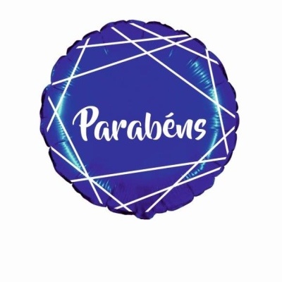 Balão redondo azul com a palavra Parabéns em branco e linhas diagonais brancas