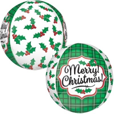 Balões decorativos de Natal com padrões de azevinho e texto 'Merry Christmas!'