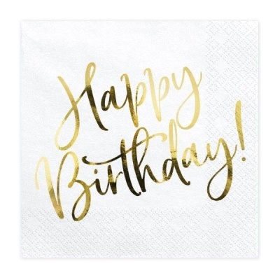 Guardanapo branco com texto dourado 'Happy Birthday!'