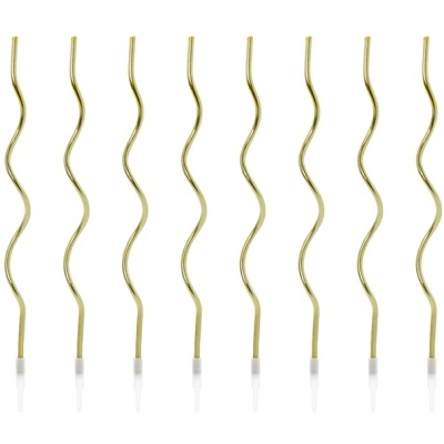 Oito velas douradas finas em padrão ondulado com base branca