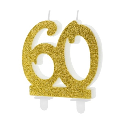 Vela dourada em forma do número 60 com purpurina