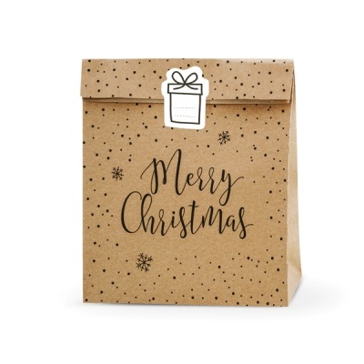 Saco de papel castanho com inscrição Merry Christmas e padrão de estrelas pretas