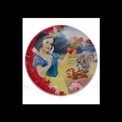 Prato descartável com estampa da Branca de Neve e animais em fundo natural