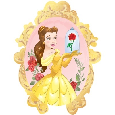 Ilustração de personagem feminina com vestido amarelo segurando rosa vermelha num globo de vidro em moldura dourada