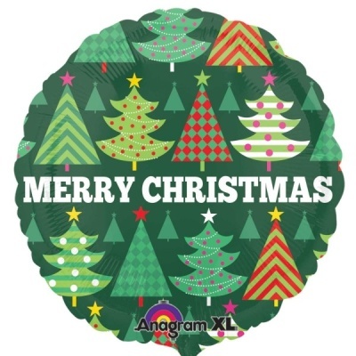 Balão redondo com árvores de Natal e texto 'MERRY CHRISTMAS'