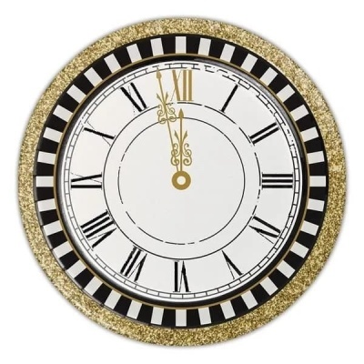 Relógio redondo com moldura dourada glitter e números romanos pretos