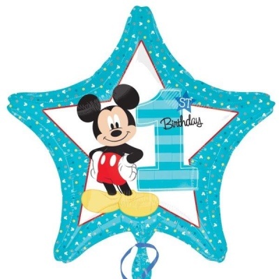 Balão estrela azul com imagem do Mickey Mouse e texto 1ST Birthday