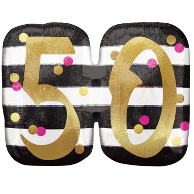 Balão metálico número 50 com riscas pretas e brancas e pontos coloridos