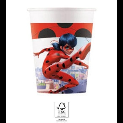 Copo de papel com imagem da personagem Ladybug e selo FSC