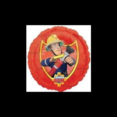 Balão vermelho com bombeiro Sam segurando mangueira, texto FIREMAN SAM