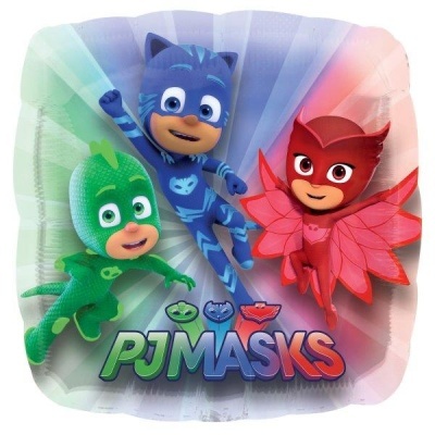 Balão decorativo PJ Masks com personagens em azul, vermelho e verde