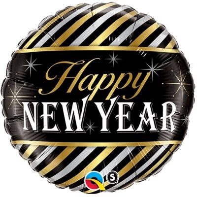 Balão redondo com listras preto, branco e dourado e texto 'Happy NEW YEAR' em dourado e branco