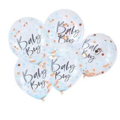 Balões transparentes com confetes e texto Baby Boy para festa de bebé