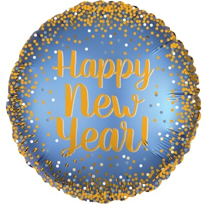 Balão azul metalizado com texto Happy New Year e pontos dourados