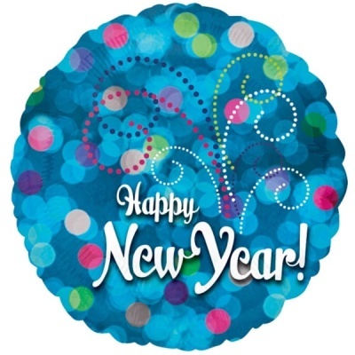 Balão redondo azul com padrões coloridos e texto 'Happy New Year!'