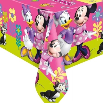 Toalha de mesa infantil com estampa da Minnie e Margarida em rosa e verde