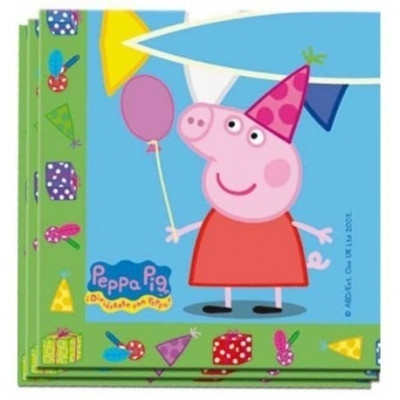 Livro de Peppa Pig com personagem e balão rosa em fundo azul e borda verde decorada