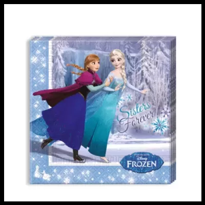 Embalagem quadrada decorada com personagens Anna e Elsa de Frozen em cenário de neve