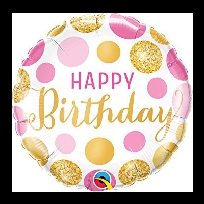 Balão redondo de festa com texto 'HAPPY Birthday' e círculos coloridos