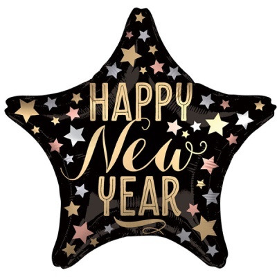Balão estrela preto com texto dourado Happy New Year e estrelas coloridas