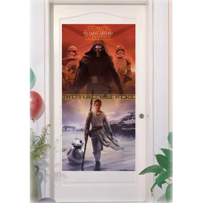 Adesivo decorativo para porta com personagens de Star Wars e texto THE FORCE AWAKENS.