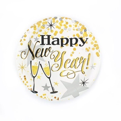 Prato de papel decorativo branco com texto Happy New Year em dourado e preto, estrelas cinzas e detalhes dourados.