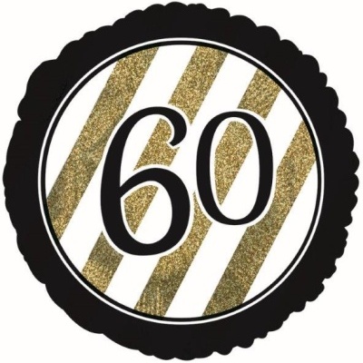 Balão redondo preto com riscas douradas e número 60 preto